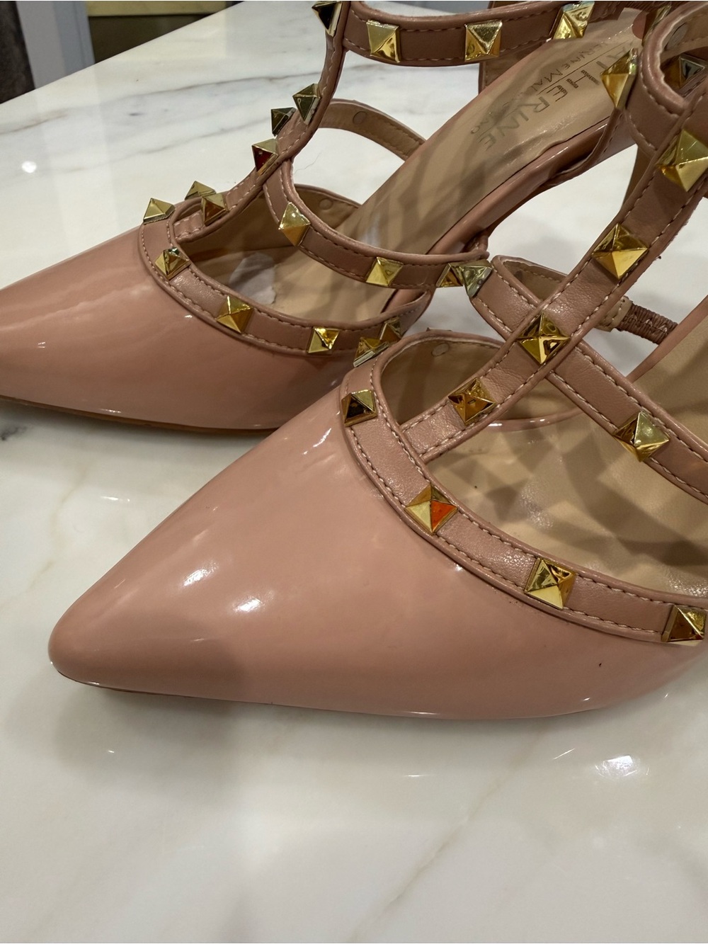 Catherine Malandrino Beige Studded Strappy Stiletto Heel Blush Pink - Picture 2 of 5